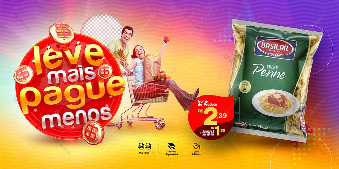 Banner Supermercado Leve Mais Pague Menos Produto Social Media PSD Editável