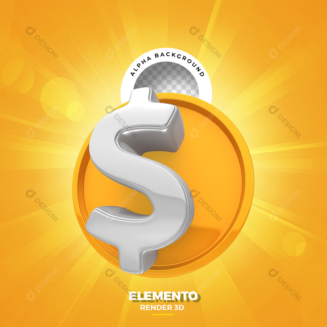 Elemento 3D para Composição Moeda Dourada com Cifrão PNG Transparente Sem Fundo