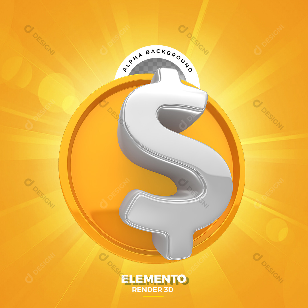 Elemento 3D para Composição Moeda Dourada com Cifrão PNG Transparente Sem Fundo