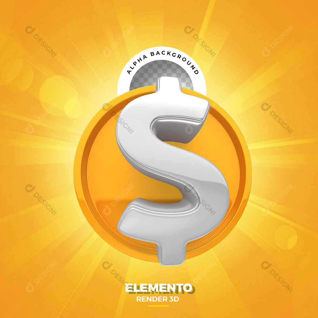 Elemento 3D para Composição Moeda Dourada com Cifrão PNG Transparente Sem Fundo