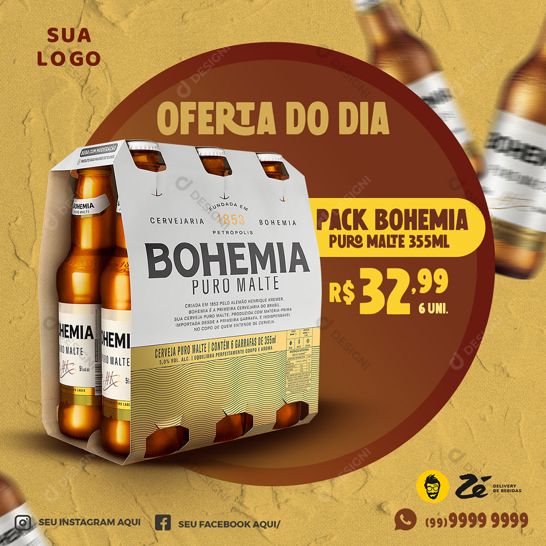 Post Distribuidora Oferta do Dia Bebida Bohemia Social Media PSD Editável