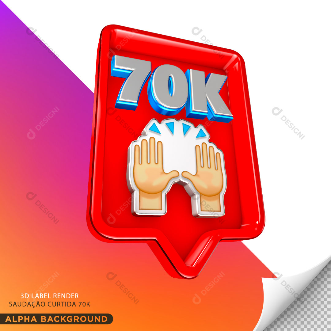 70K Saudação Curtida Redes Sociais Elemento 3D Para Composição PNG Transparente