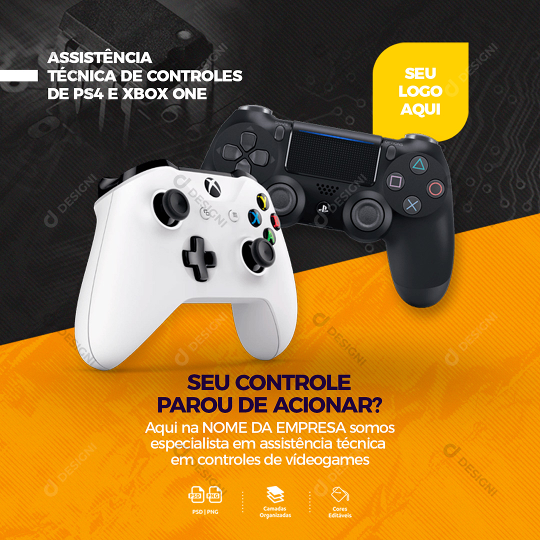 Assistência Técnica de Controles PS4 e Xbox Social Media PSD Editável