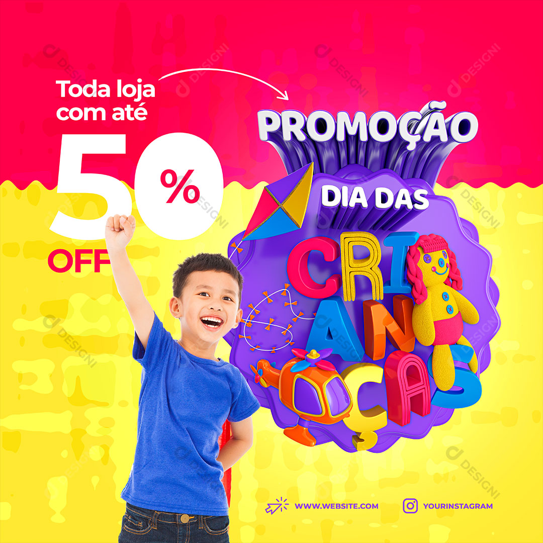 Post Loja Promoção Dia das Crianças Toda Loja Com Até 50% Social Media PSD Editável