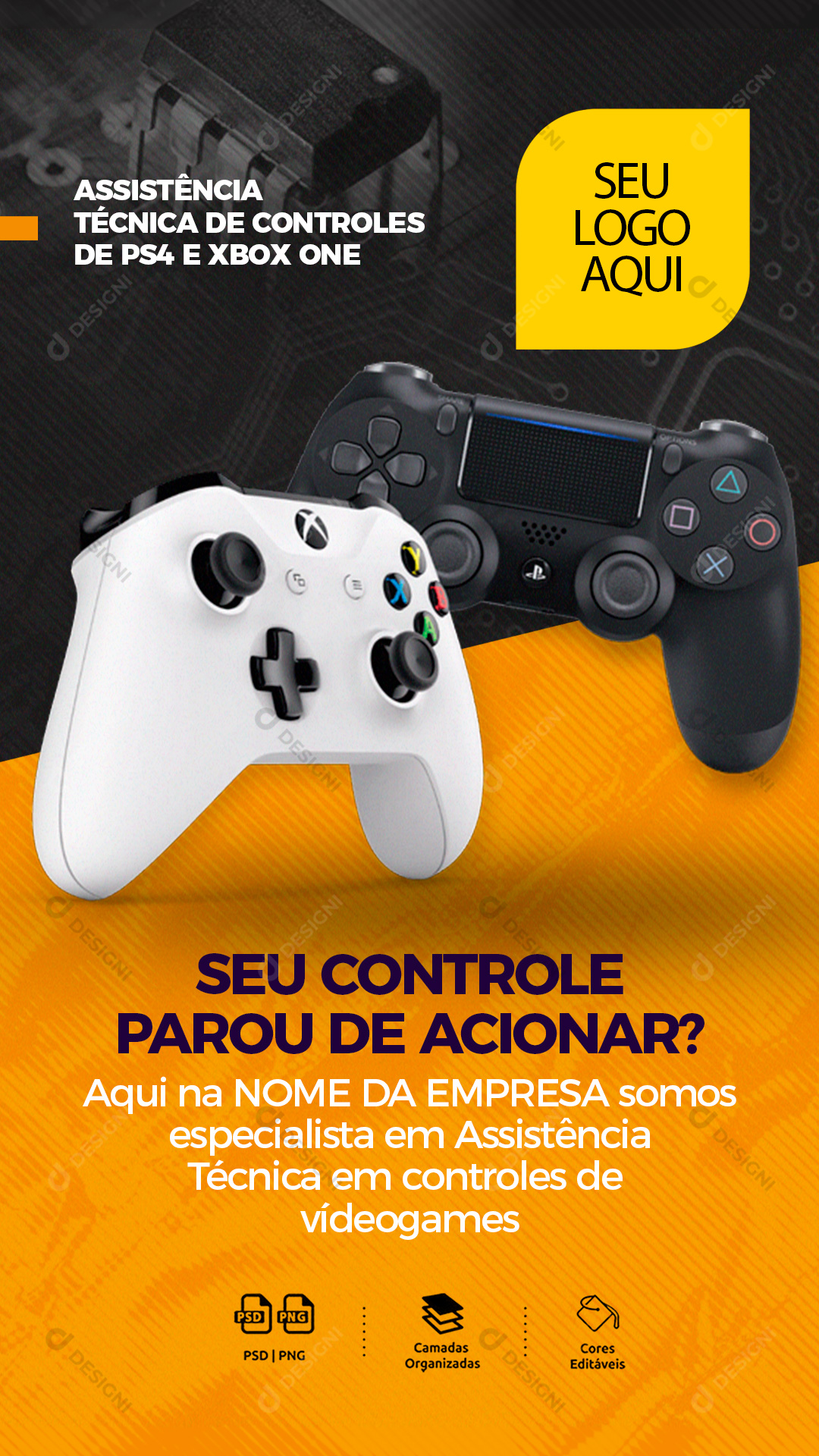Assistência Técnica de Controles PS4 e Xbox Stories Social Media PSD Editável