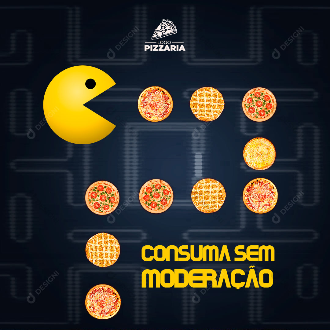 Post Pizzaria Pac-Man Consuma Sem Moderação Social Media PSD Editável