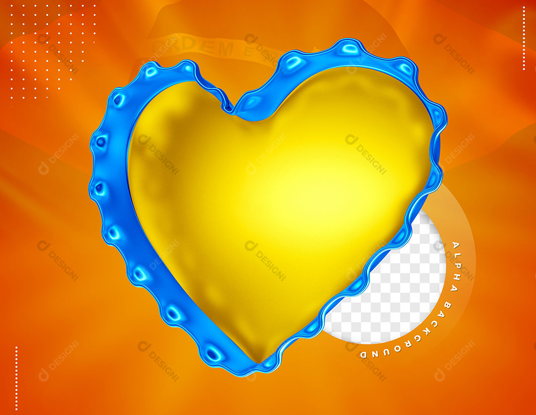 Coração Amarelo Com Bordas Azuis Elemento 3D Para Composição PSD