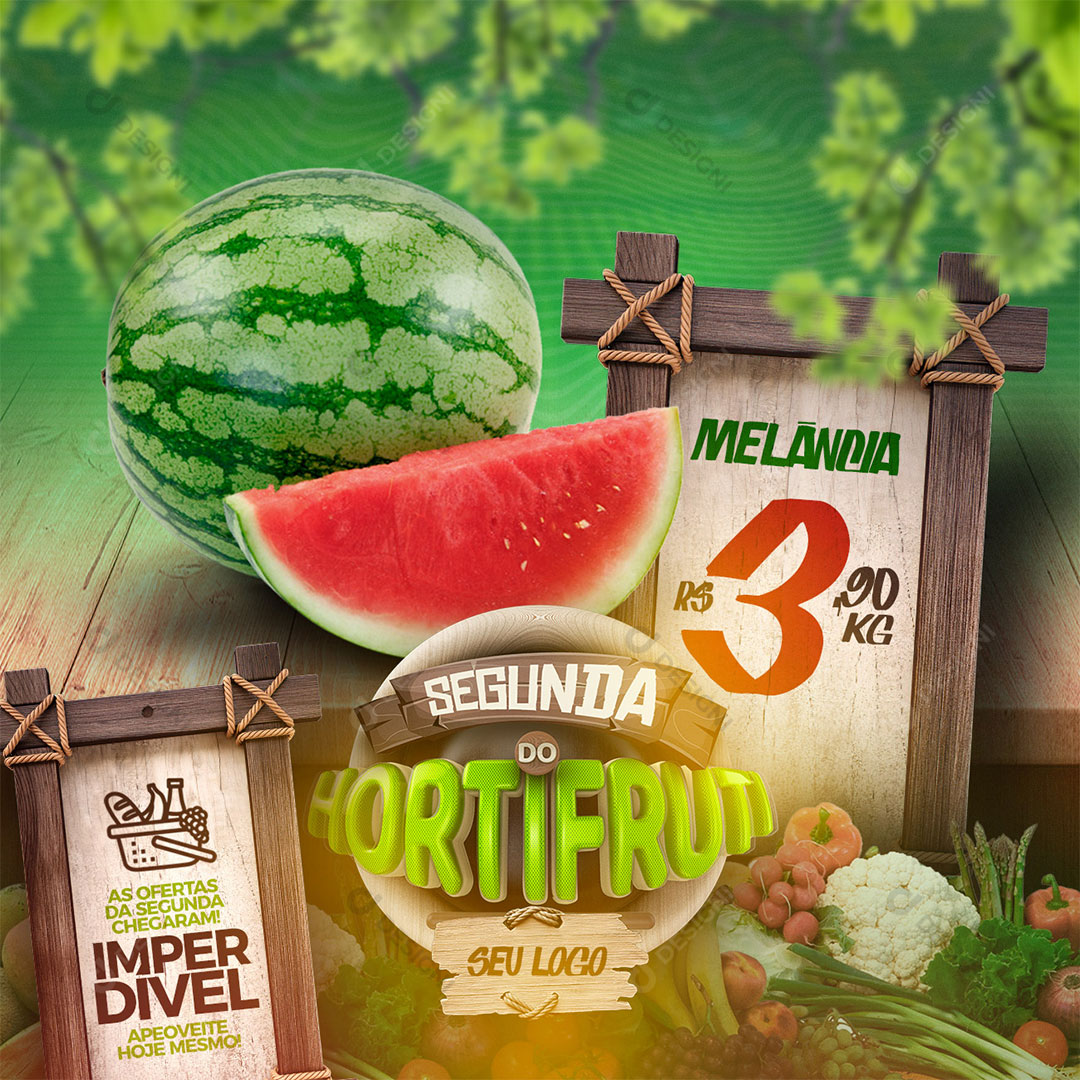 Post Feed Segunda do Hortifruti Produto Fruta Melancia Social Media PSD Editável