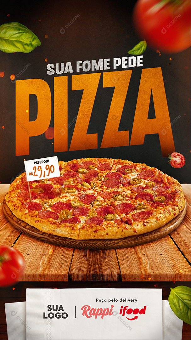 Sua Fome Pede Pizza Stories Social Media PSD Editável