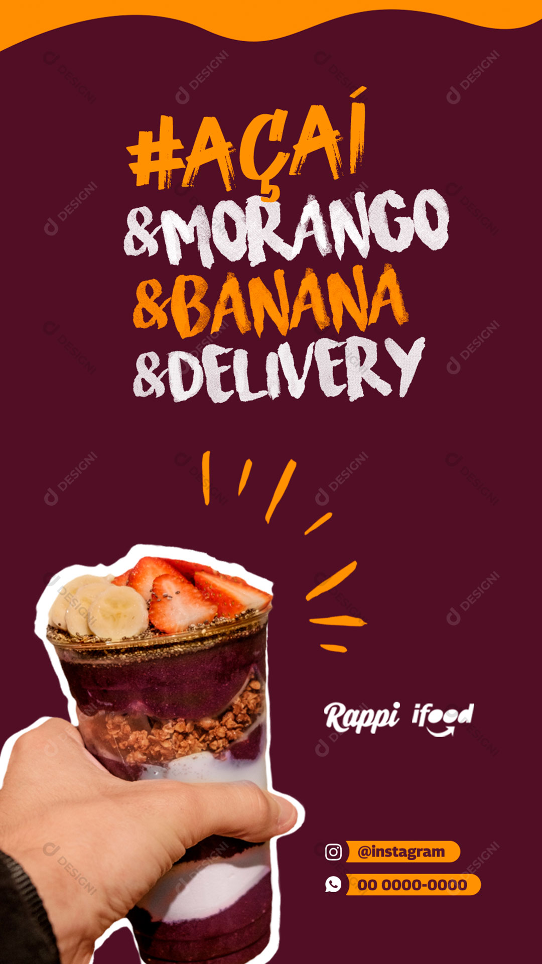 Post Story Açaiteria Açaí e Morango e Banana e Delivery Social Media PSD Editável