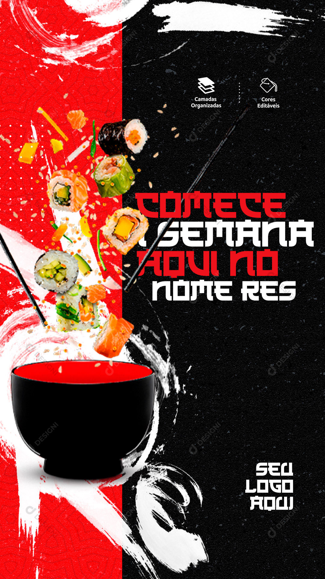 Post Story Sushi Comece a Semana Social Media PSD Editável