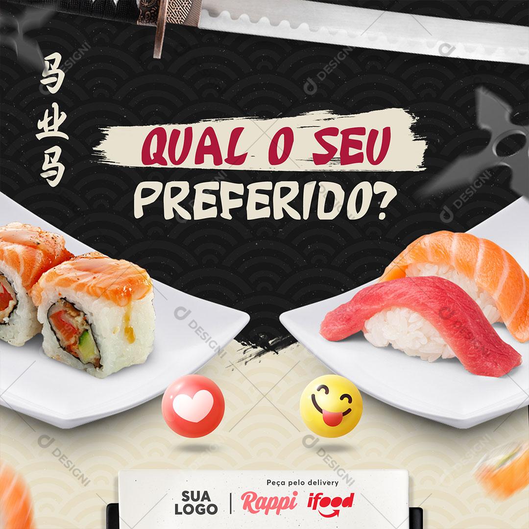 Post Feed Comida Japonesa Qual o Seu Preferido Sushi Social Media PSD Editável
