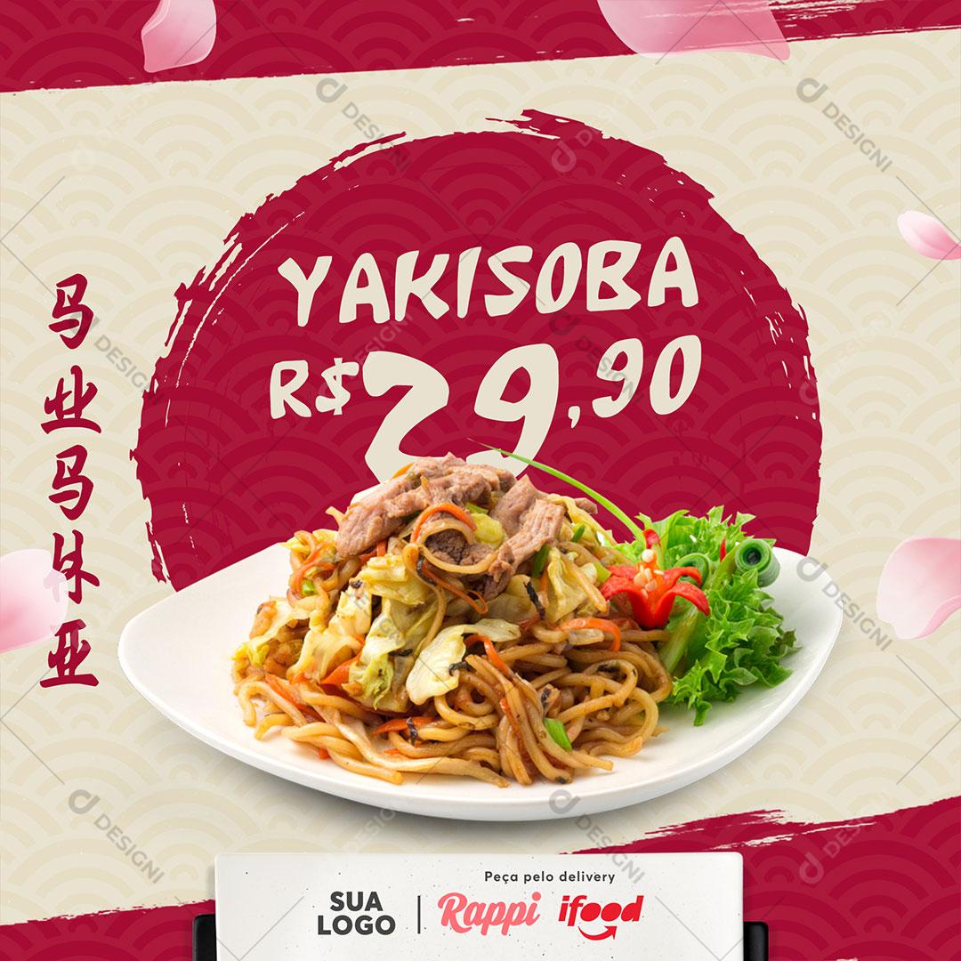 Post Feed Comida Japonesa Yakisoba Sushi Social Media PSD Editável