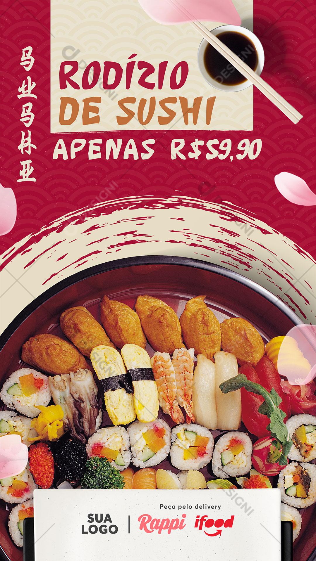 Post Story Comida Japonesa Rodízio de Sushi Social Media PSD Editável