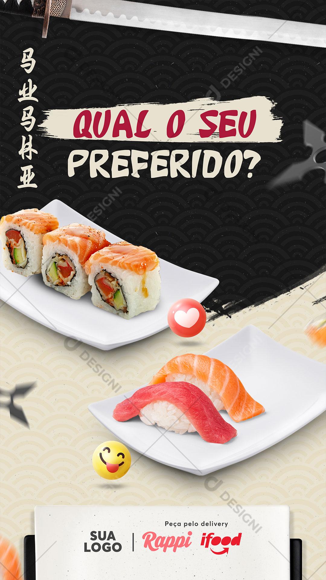 Post Story Comida Japonesa Qual o Seu Preferido Sushi Social Media PSD Editável