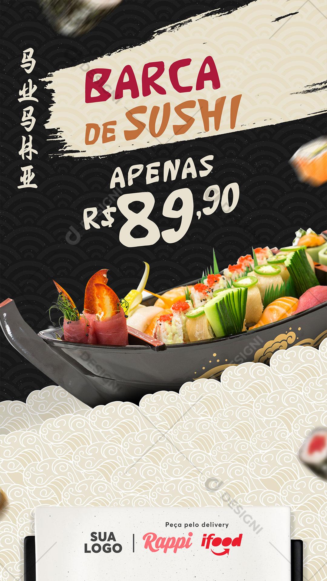 Post Story Comida Japonesa Barca de Sushi Social Media PSD Editável