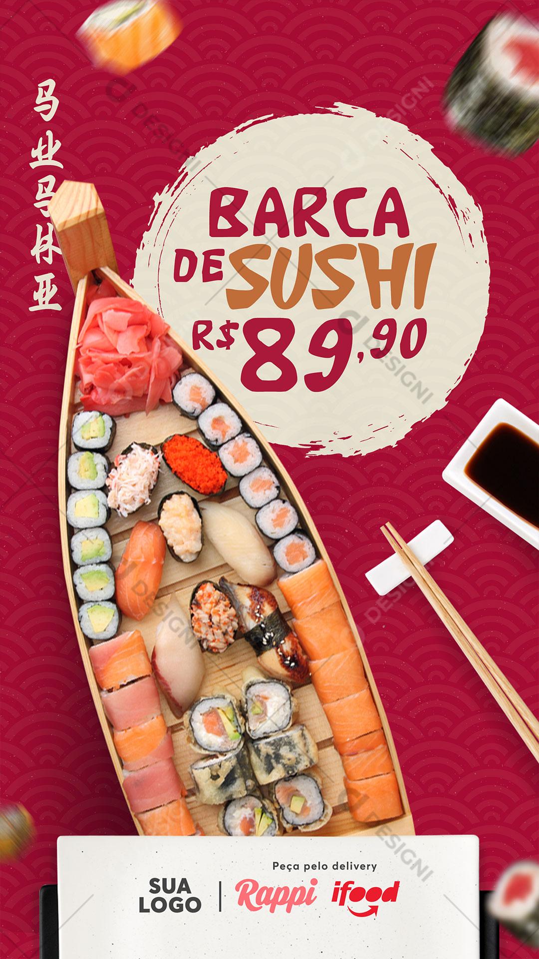 Post Story Comida Japonesa Barca de Sushi Social Media PSD Editável