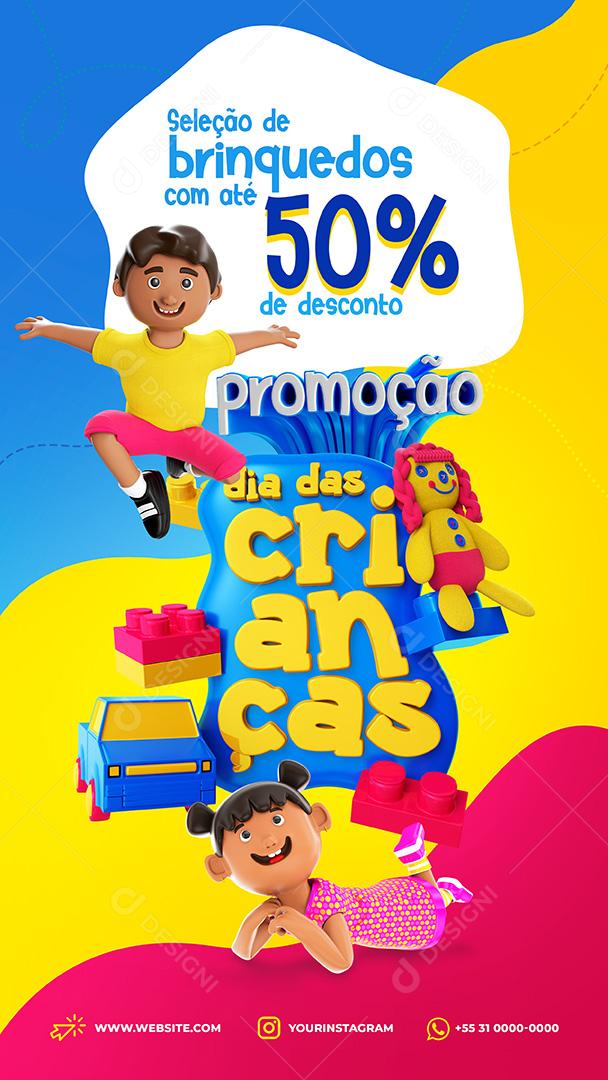 Promoção Dia Das Crianças 50% de Desconto Nos Brinquedos Stories Social Media PSD Editável