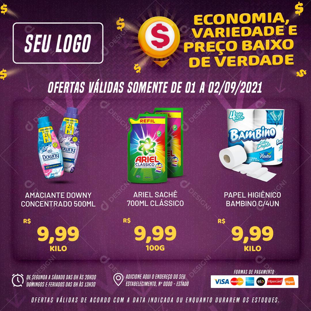 Post Feed Supermercado Economia Variedade e Preço Baixo Produtos Social Media PSD Editável