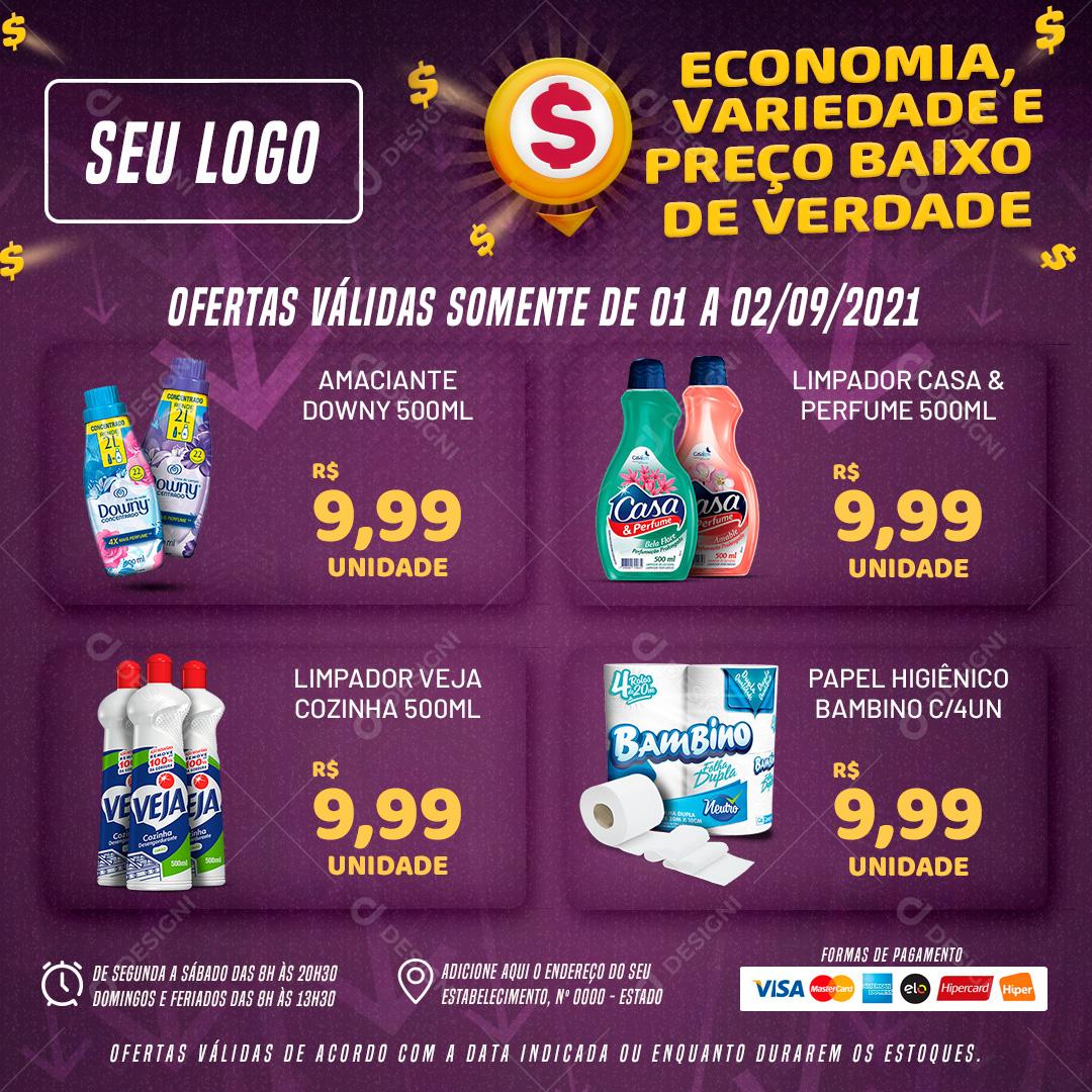 Post Feed Supermercado Economia Variedade e Preço Baixo Produtos Social Media PSD Editável