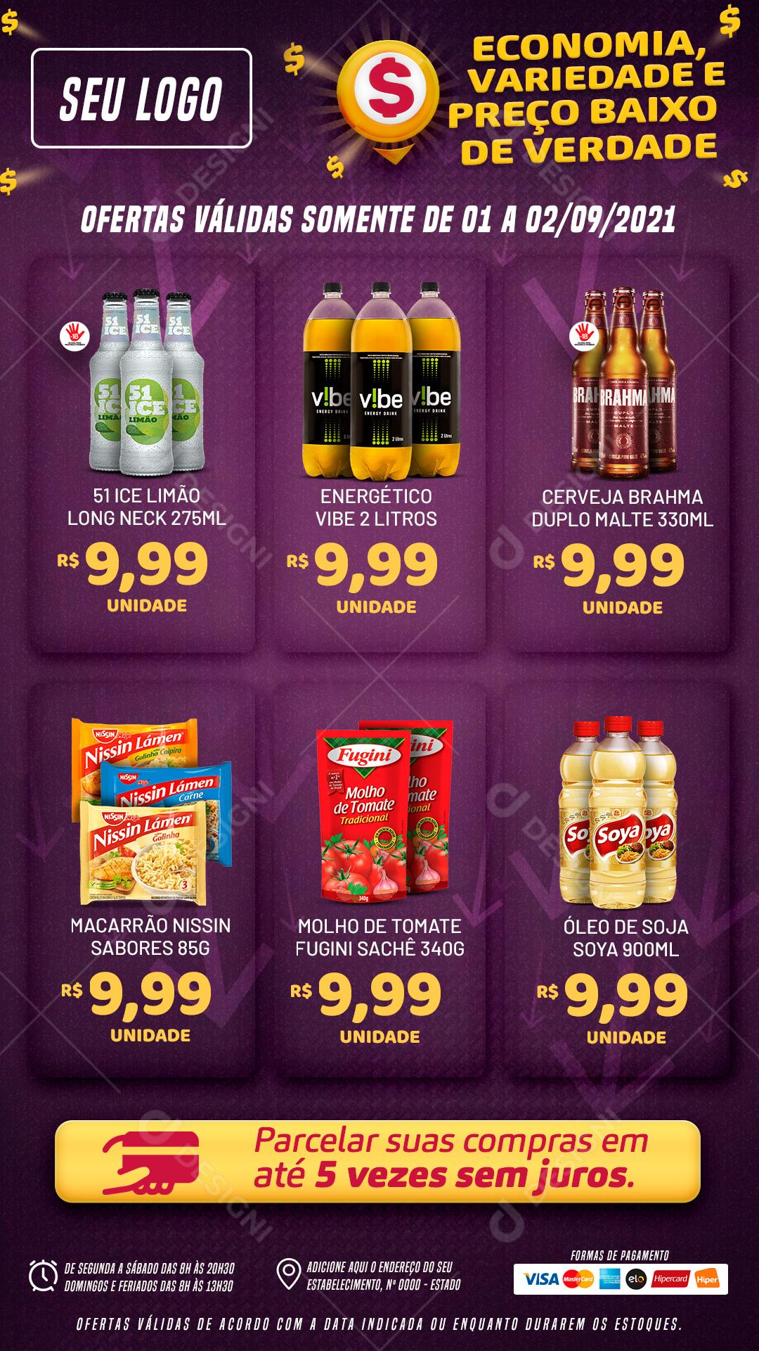 Encarte Supermercado Economia Variedade e Preço Baixo Produtos Social Media PSD Editável