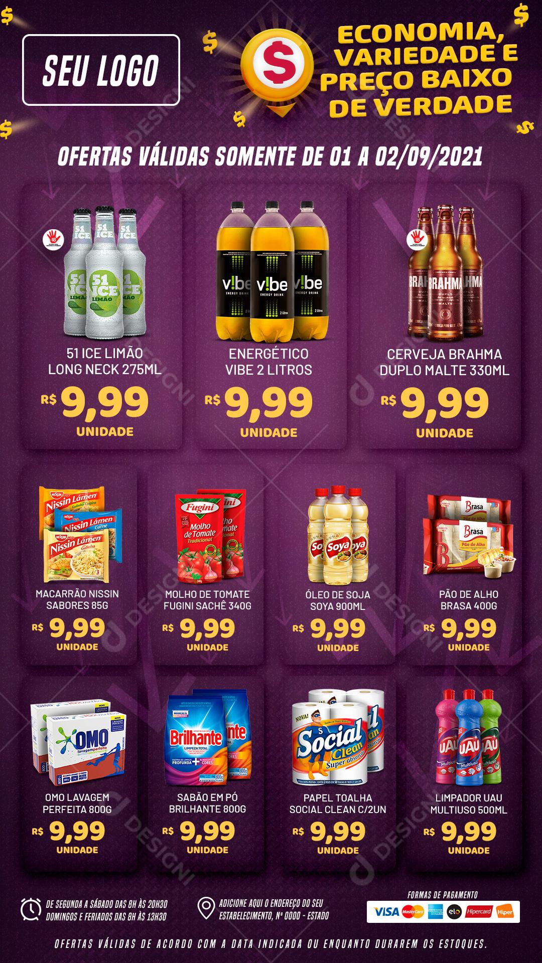 Mini Encarte Supermercado Economia Variedade e Preço Baixo Produtos Social Media PSD Editável