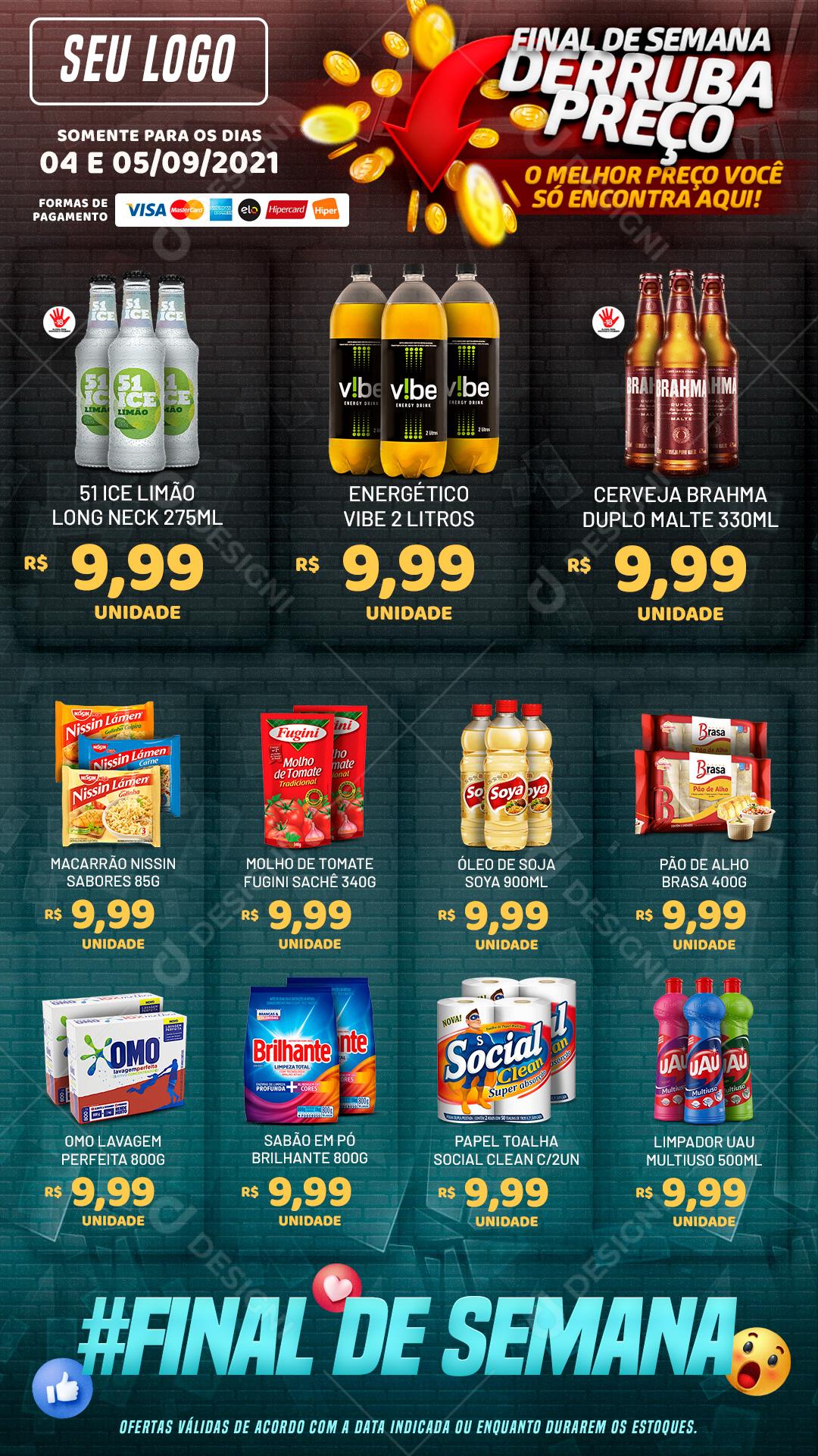 Mini Encarte Supermercado Final de Semana Derruba Preços Produtos Social Media PSD Editável