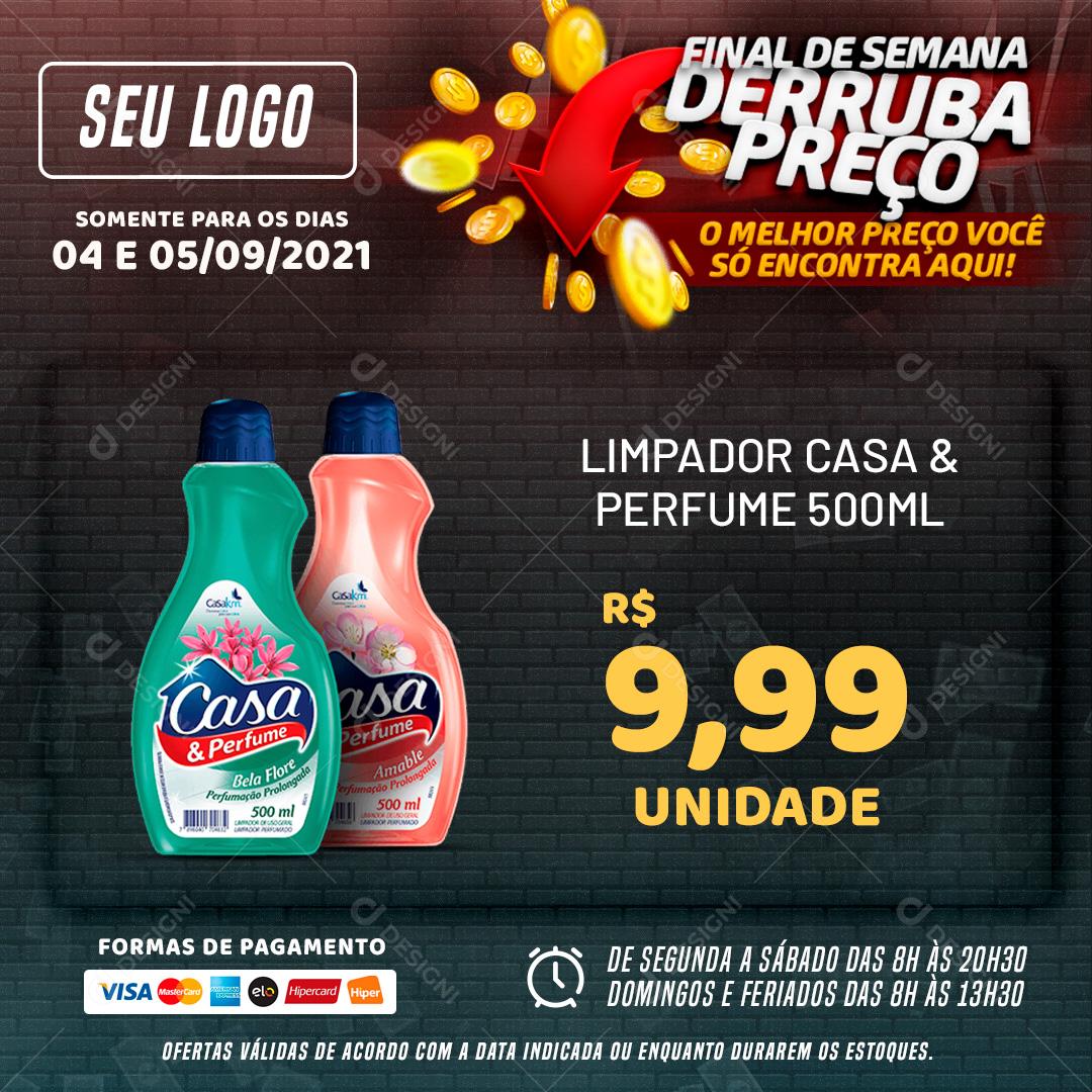 Post Feed Supermercado Final de Semana Derruba Preços Produtos Social Media PSD Editável