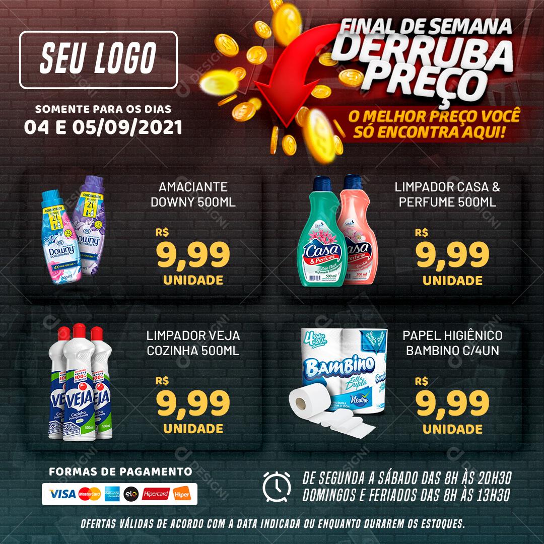 Post Feed Supermercado Final de Semana Derruba Preços Produtos Social Media PSD Editável