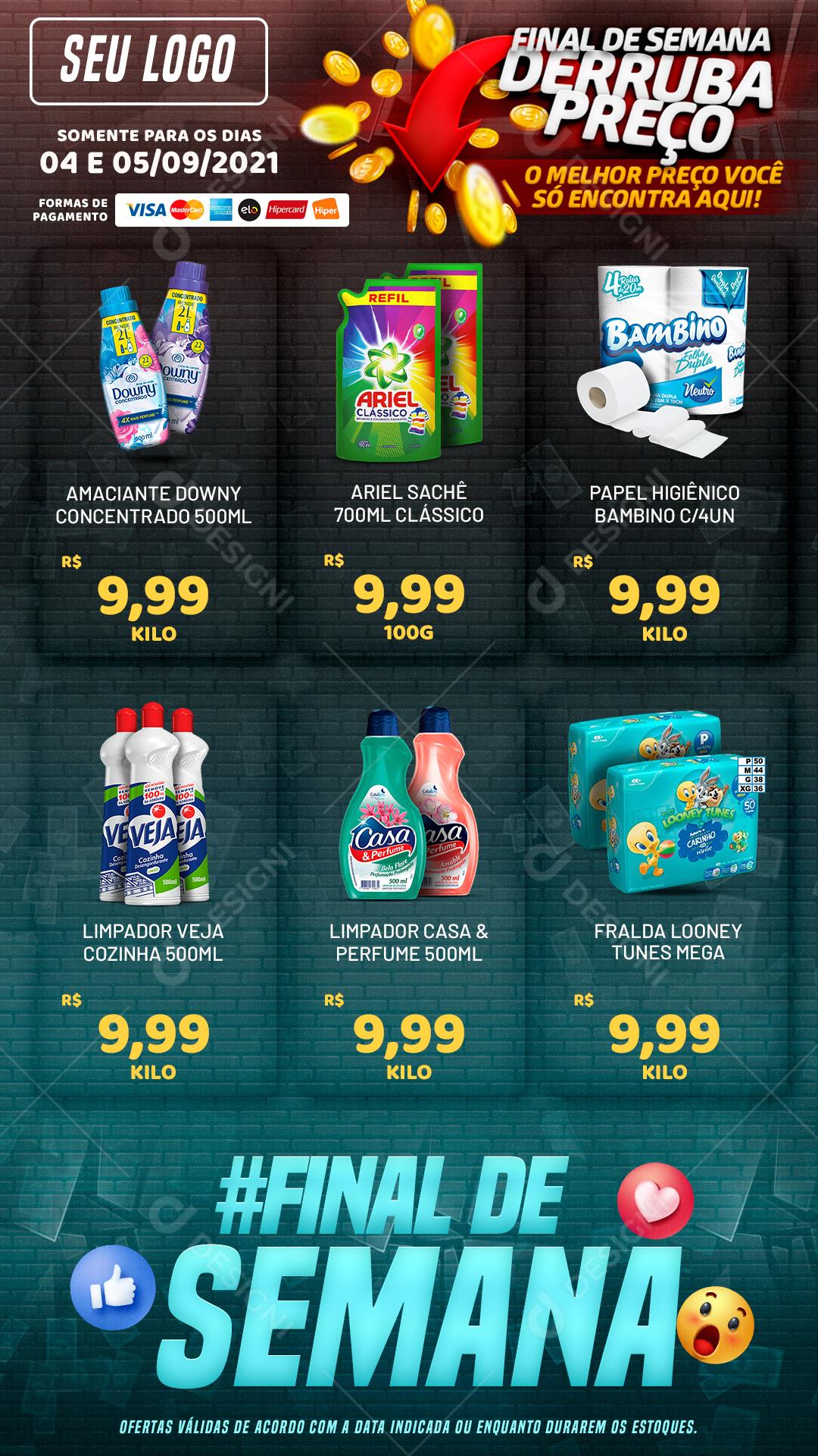 Mini Encarte Supermercado Final de Semana Derruba Preços Produtos Social Media PSD Editável