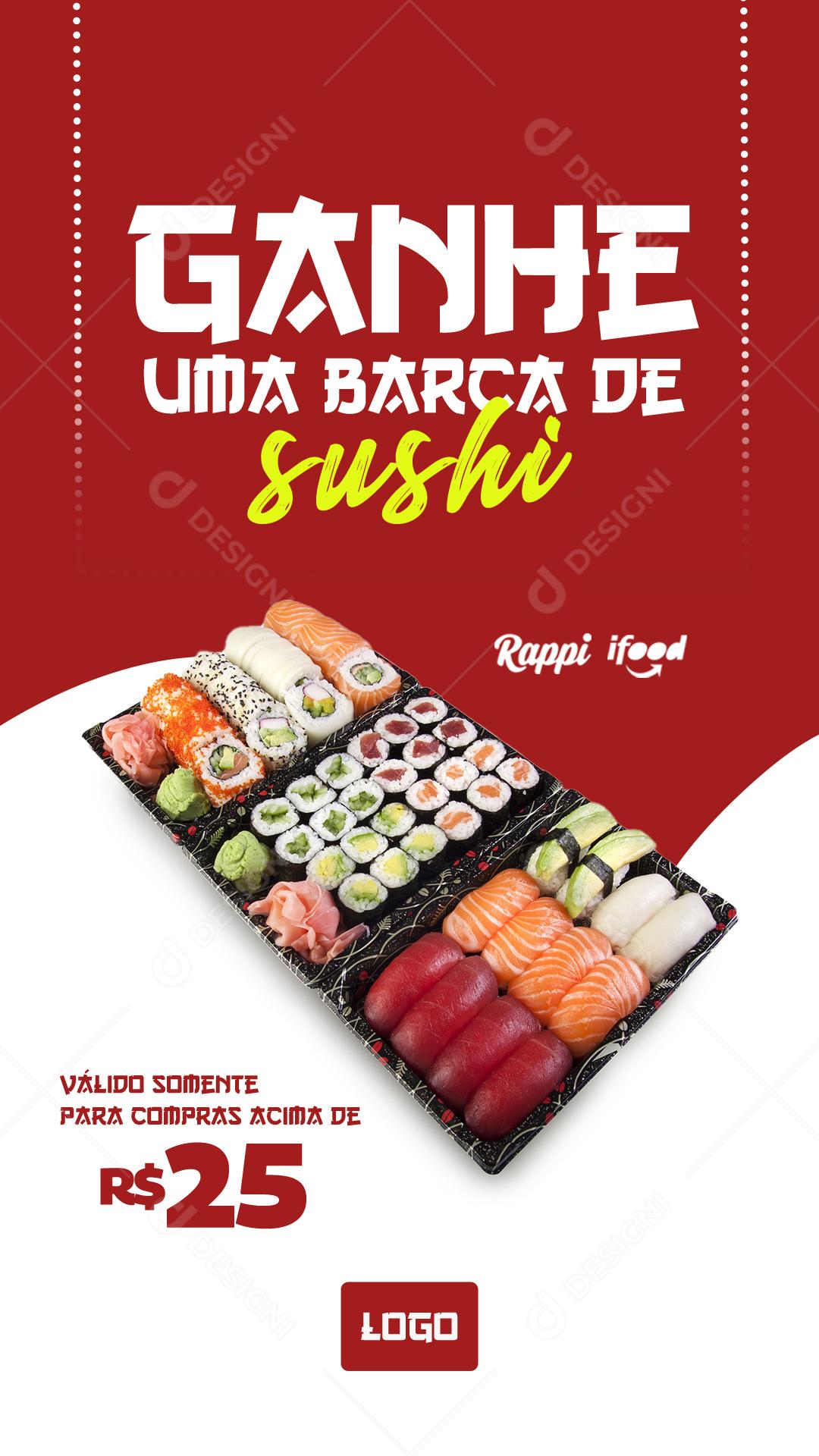 Concorra a Uma Barca de Sushi Stories Social Media PSD Editável