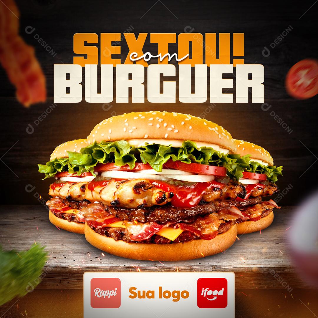 Post Feed Hamburgueria Sextou Com Burguer Social Media PSD Editável