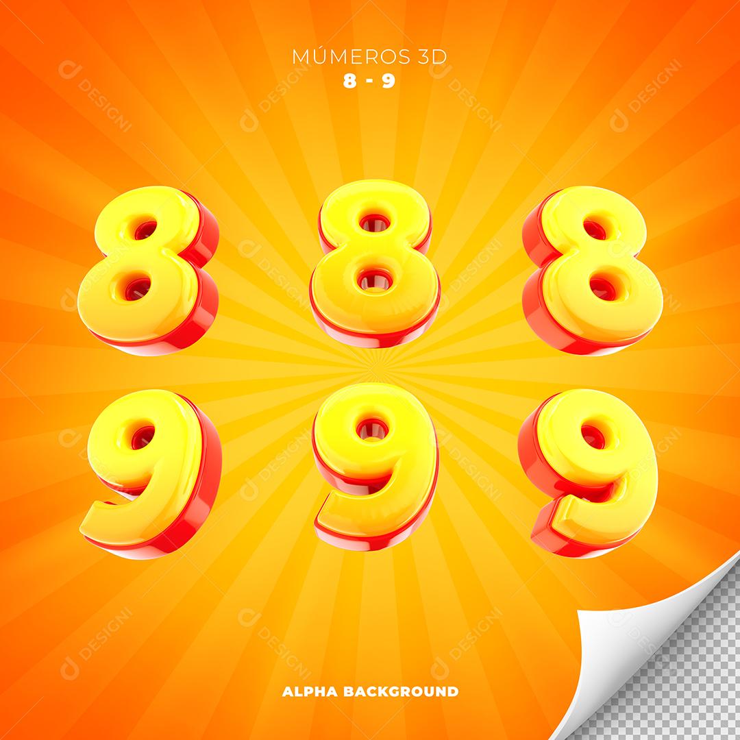 Elemento 3D Números 8 e 9 para Composição PSD