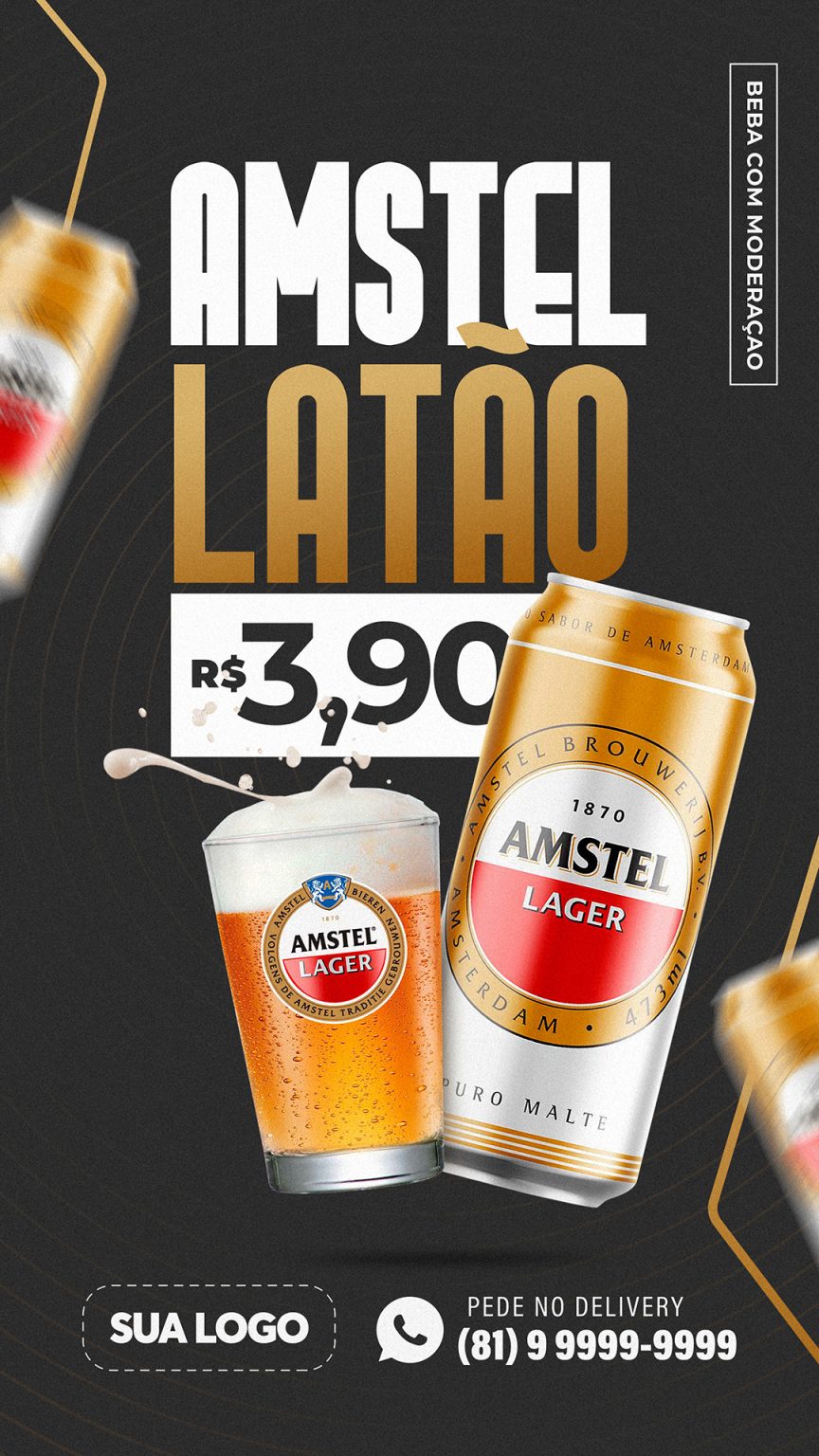 Post Story Distribuidora Cerveja Amstel Latão Social Media PSD Editável