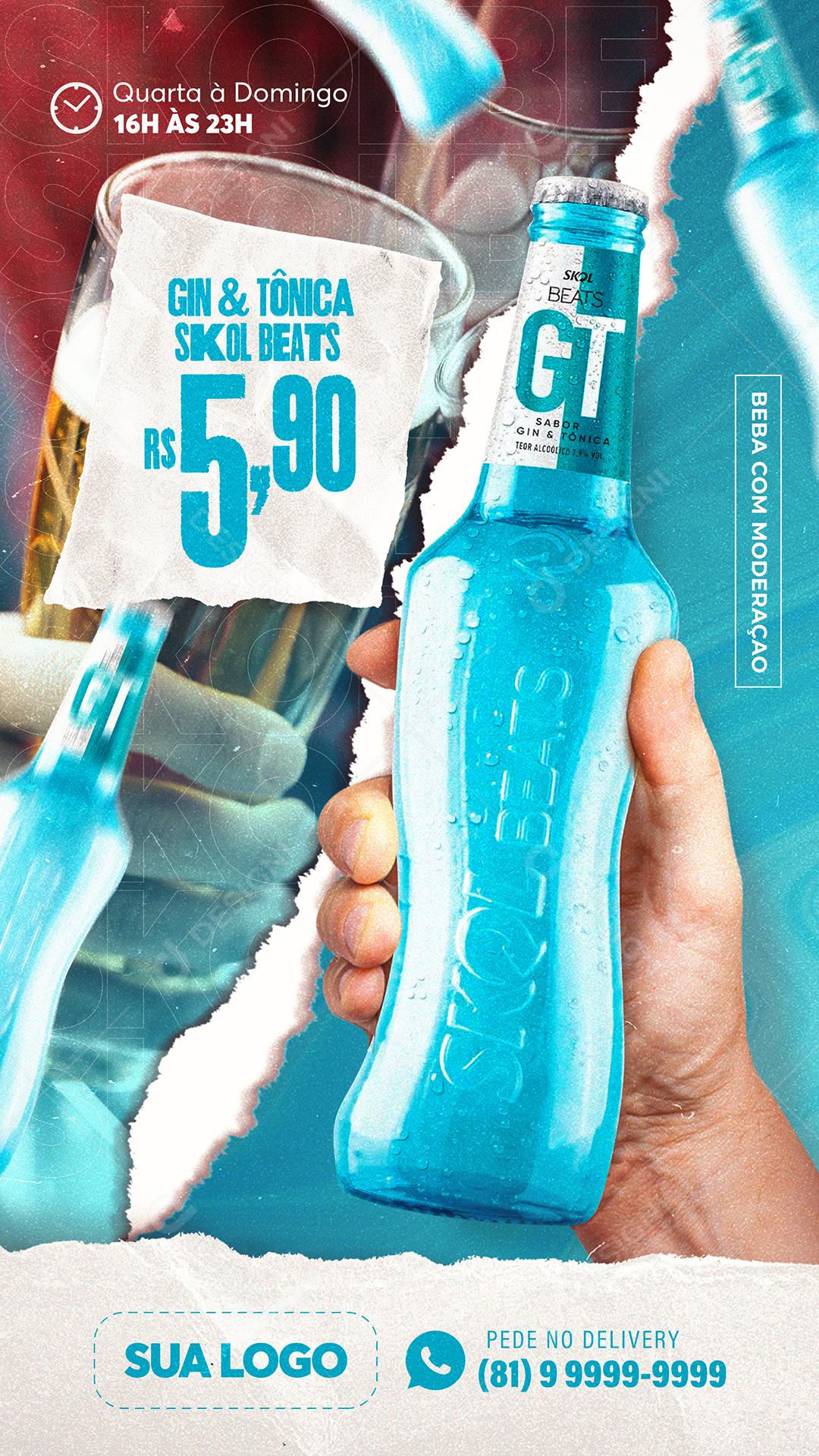 Post Story Distribuidora Cerveja Skol Beats Gin e Tônica Social Media PSD Editável