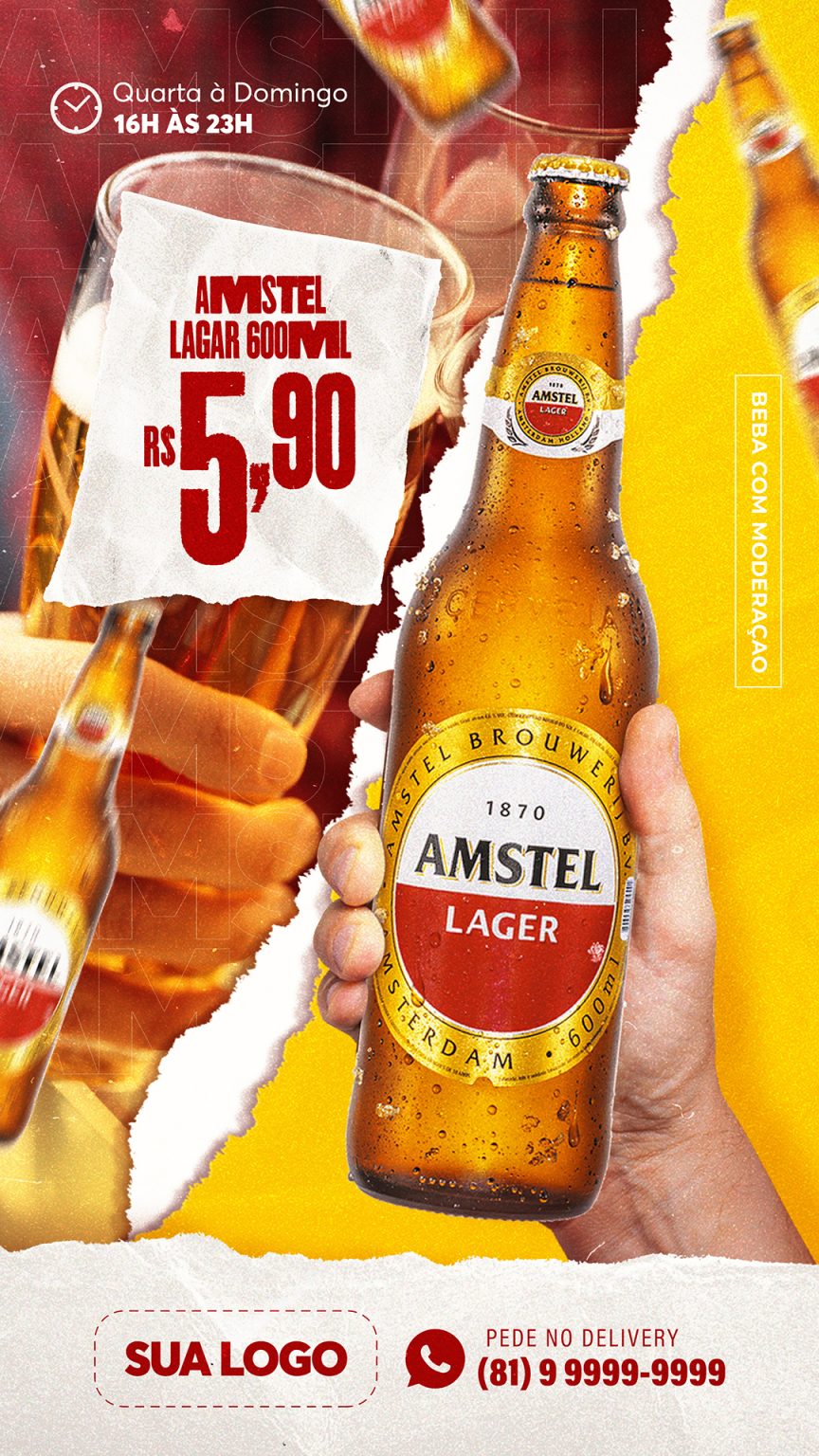 Post Story Distribuidora Cerveja Amstel Garrafa Social Media PSD Editável