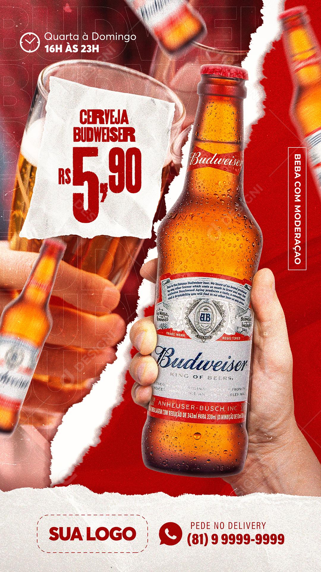Post Story Distribuidora Bebida Budweiser Social Media PSD Editável