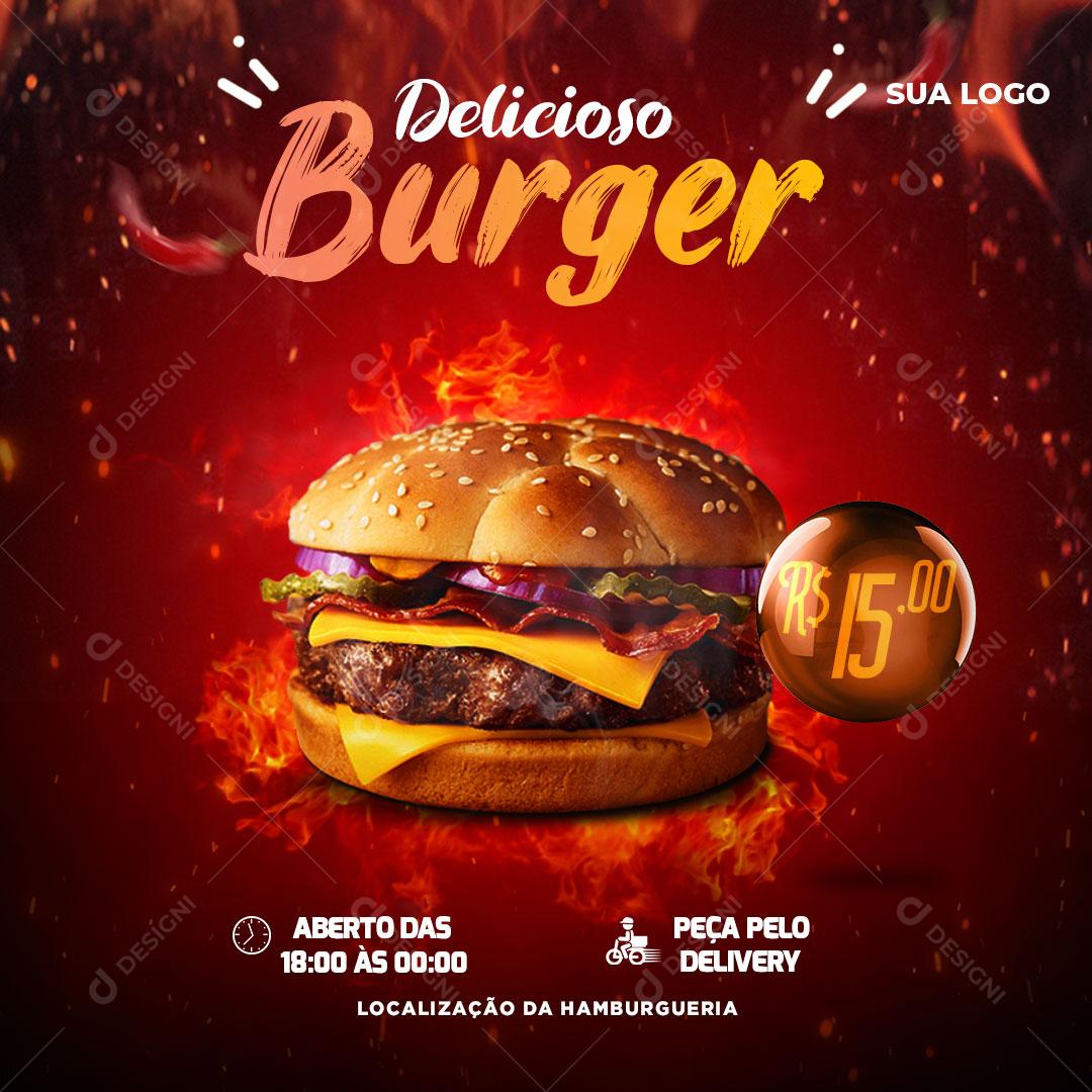 Post Feed Hamburgueria Delicioso Burguer Social Media PSD Editável