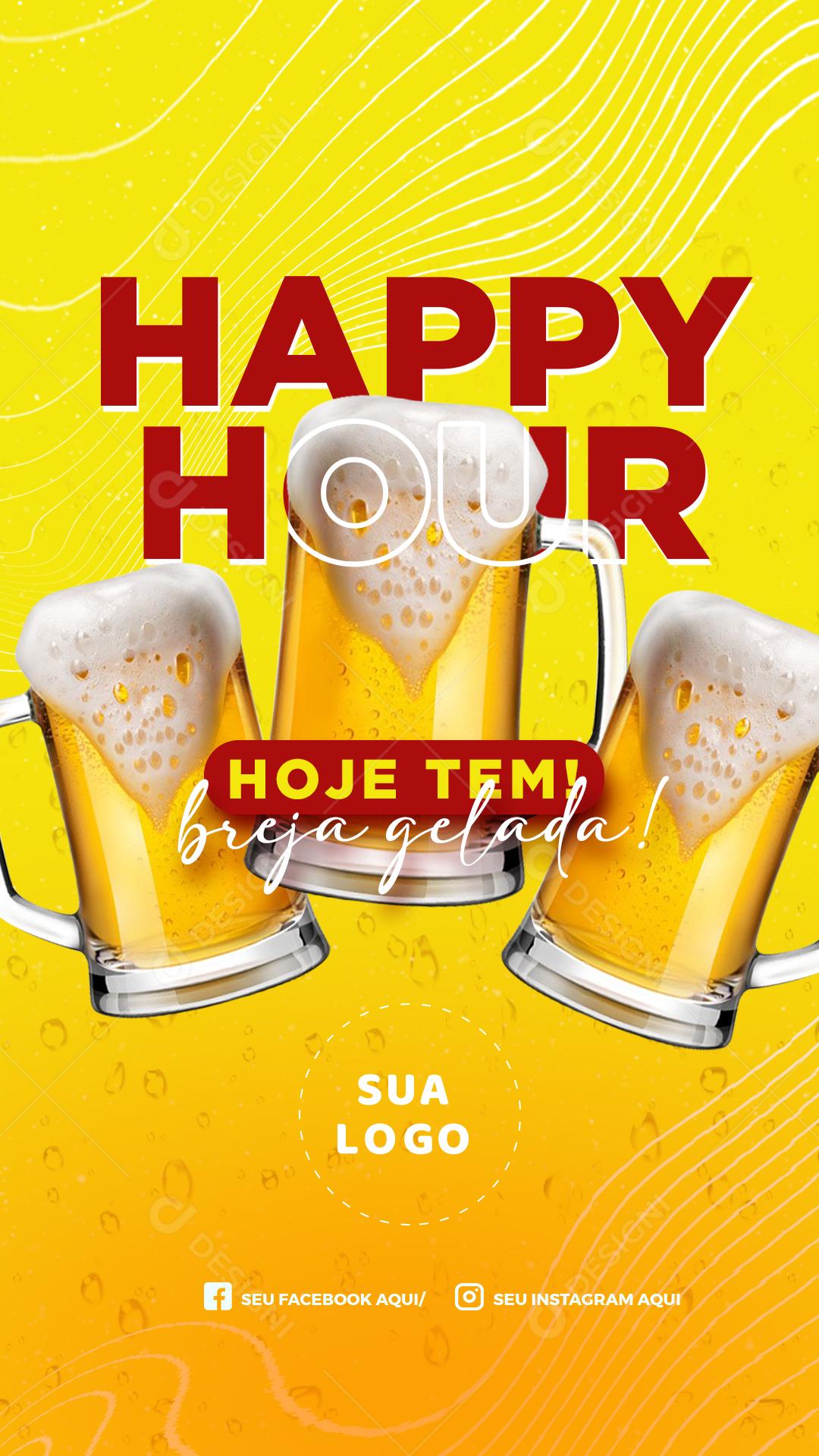 Post Story Distribuidora Happy Hour Hoje Tem Breja Gelada Social Media PSD Editável