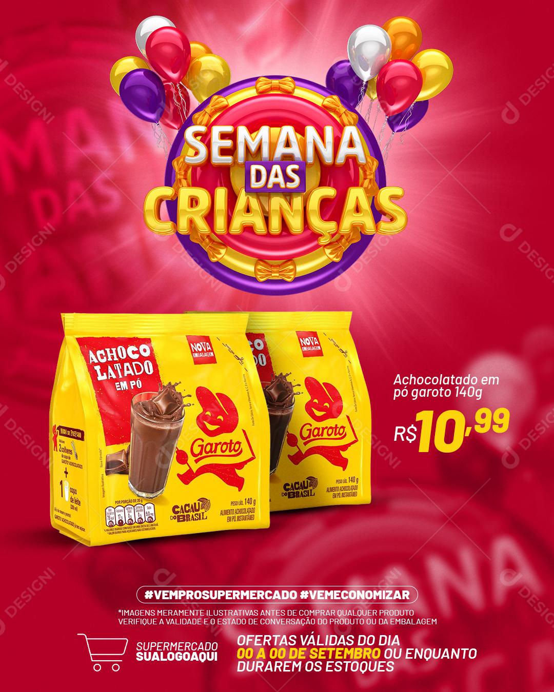 Post Feed Supermercado Semana das Crianças Produtos Social Media PSD Editável