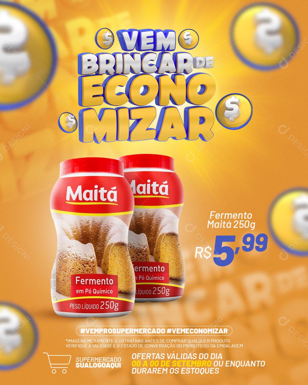 Post Supermercado Vem Brincar de Economizar Produto Social Media PSD Editável