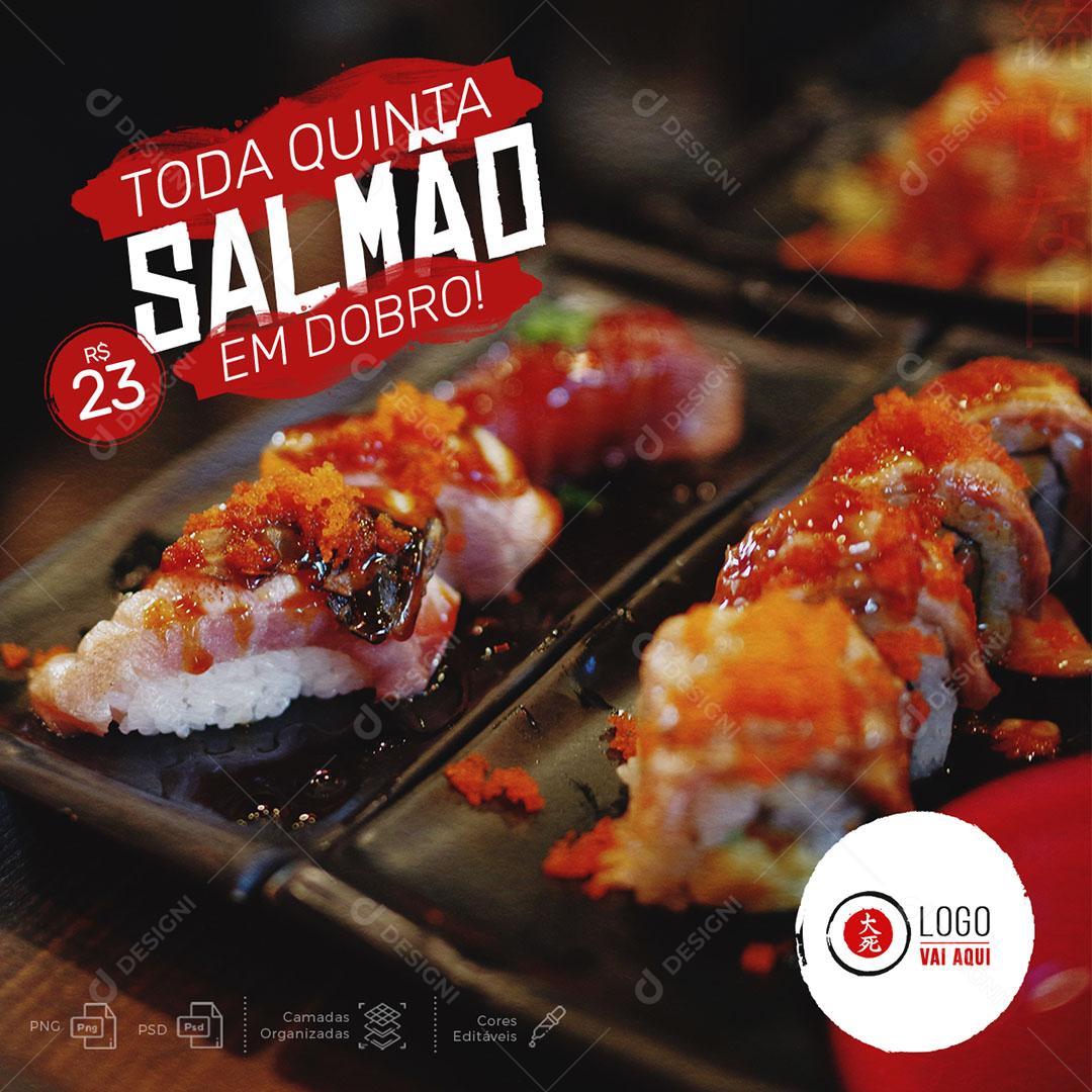 Post Feed Comida Japonesa Toda Quinta Salmão em Dobro Social Media PSD Editável