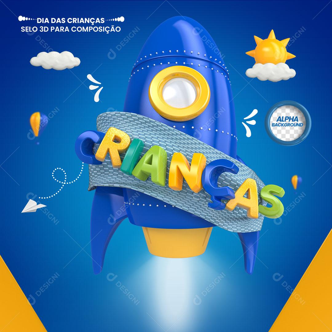 Crianças Foguete Azul Selo 3D Para Composição PSD Editável