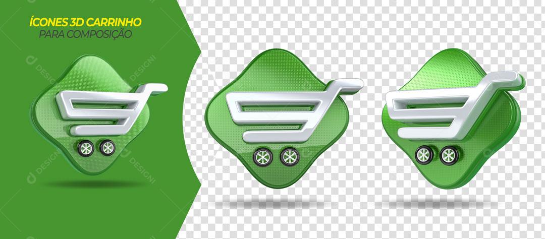Carrinhos de Supermercado Ícones 3D Verde Para Composição PSD Editável