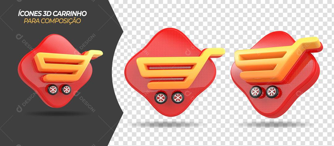 Carrinhos de Supermercado Ícones 3D Vermelho Para Composição PSD Editável