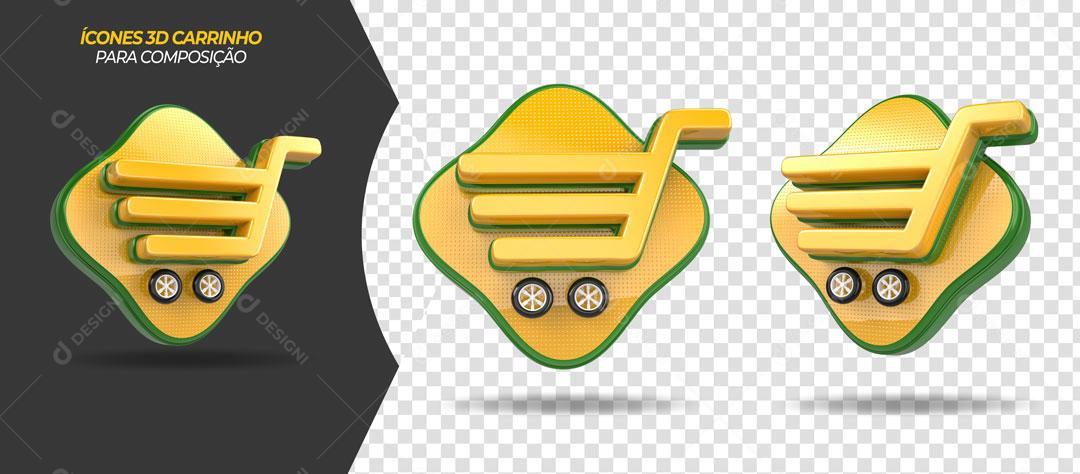 Carrinhos de Supermercado Ícones 3D Amarelo Bordas Verde Para Composição PSD Editável