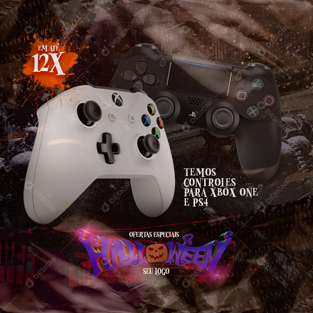 Ofertas Halloween Controles Playstation 4 e X-Box Social Media PSD Editável