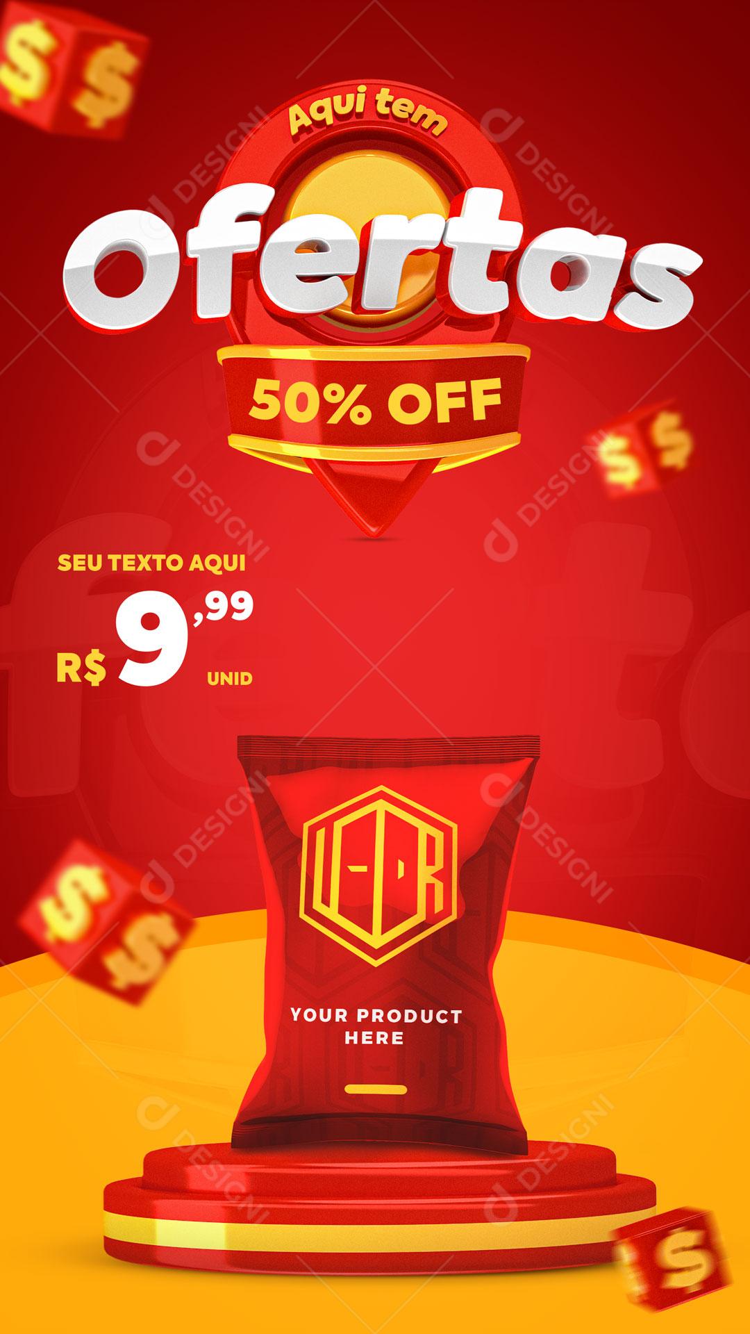 Post Story Aqui Tem Ofertas 50% Off Produto Social Media PSD Editável