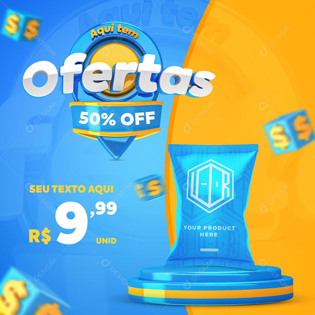 Post Feed Supermercado Aqui Tem Ofertas 50% Off Produto Social Media Editável