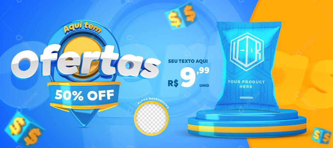 Post Banner Supermercado Aqui Tem Ofertas 50% Off Produto Social Media PSD Editável